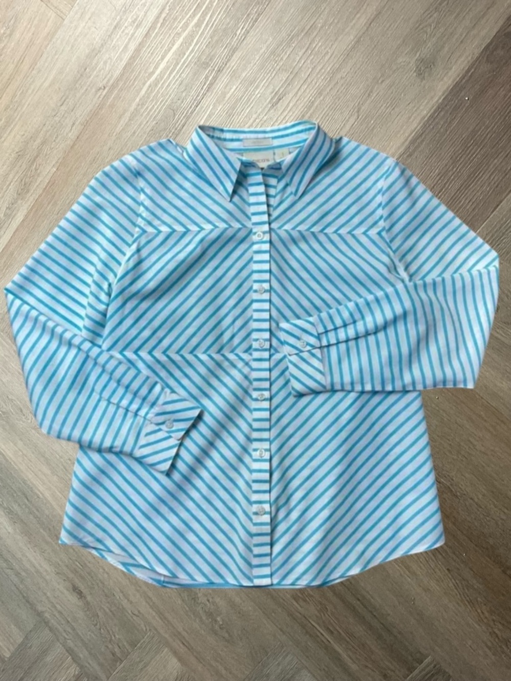 Chico's No Iron Shirt Womens 1 Medium Blue White Striped Long Sleeve Preppy Work
